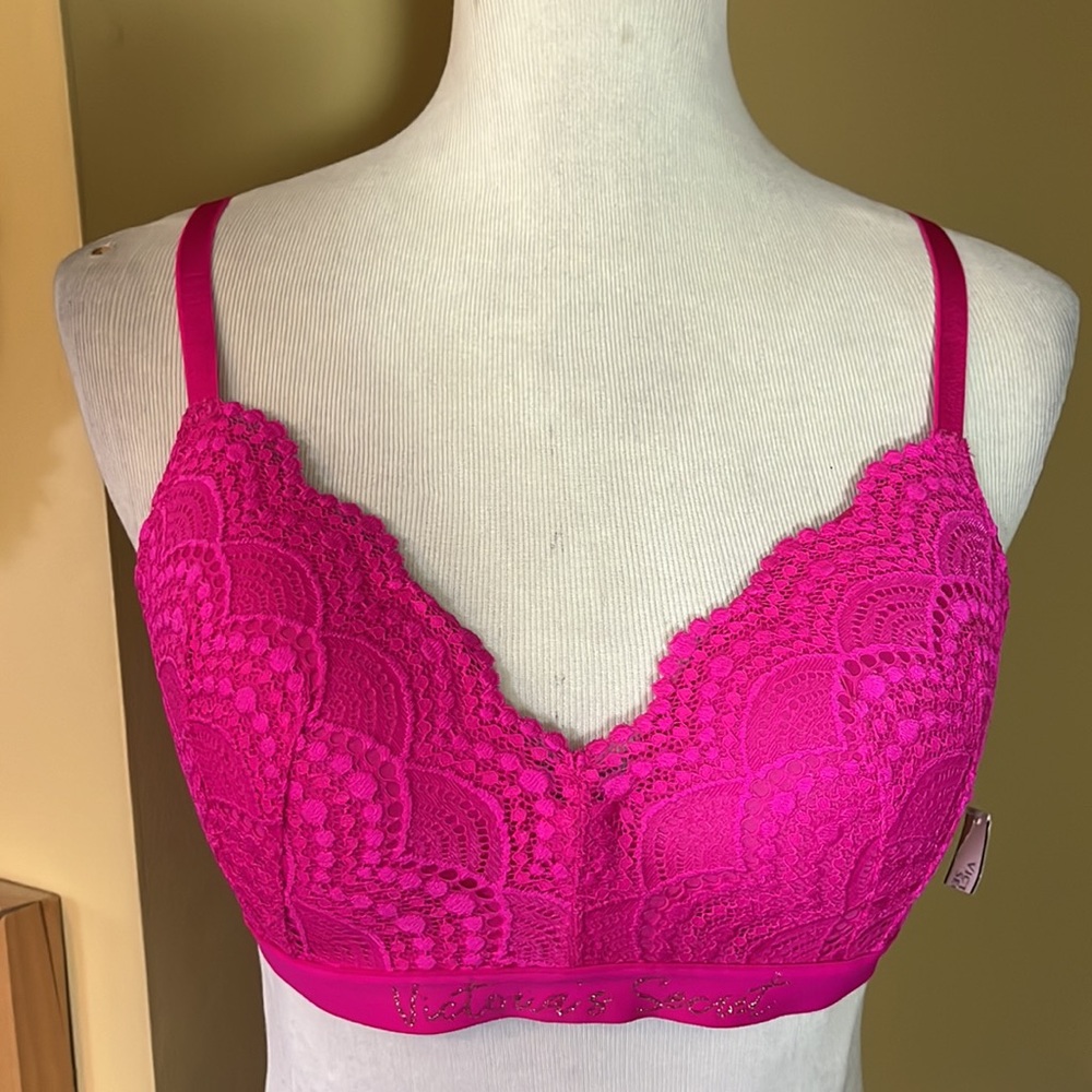 VICTORIA SECRET Size 36C PINK Barbie Wireless Lace Pad Cup Glitter Logo $69 NEW